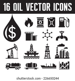 16 oil industry vector icons for infographic, business presentation, booklet and different design project. Production, transportation and refining of fuell - graphic icons set. 