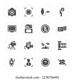 16 Old Camera, Focus, Portrait, Film Roll, Shake Screen Grid, Video Flash Off modern icons on round shapes, vector illustration, eps10, trendy icon set.