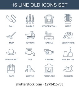 16 old icons. Trendy old icons white background. Included line icons such as call, candle, wooden wall, harp, mop, toy car, castle, desk phone, woman hat. old icon for web and mobile.