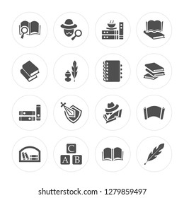 16 Open book, Detective, Abc, Bookshelf, Manuscript, Quill, Book, Books, Agenda modern icons on round shapes, vector illustration, eps10, trendy icon set.