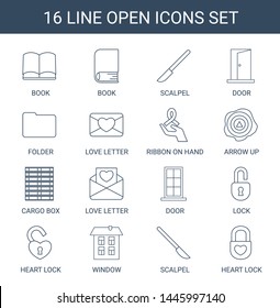 16 open icons. Trendy open icons white background. Included line icons such as book, scalpel, door, folder, love letter, ribbon on hand, arrow up. open icon for web and mobile.