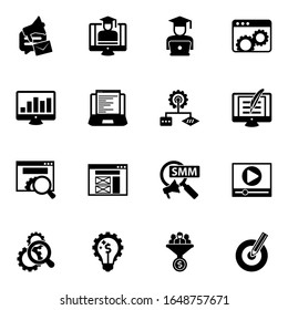 16 optimization filled icons set isolated on white background. Icons set with social media campaign, eCommerce Strategy, eCommerce website, SEO monitoring, Web Development icons.