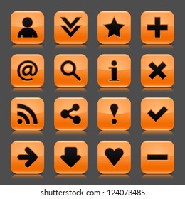 16 orange icon with basic web black sign. Glossy rounded square shape internet button with drop shadow and color transparency reflection dark gray background. Vector illustration design elements 8 eps