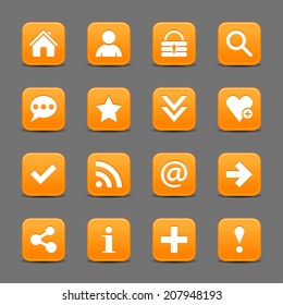 16 orange satin icon with white basic sign on rounded square web button with black shadow on dark gray background. This vector illustration internet design element save in 8 eps