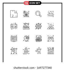 16 Outline concept for Websites Mobile and Apps medical; cassette tape; magnifier; cassette; sauna Editable Vector Design Elements
