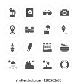 16 Oxygen tank, Passport, Mountain, Terrace, Ship, Lifesaver, Map, Food stand modern icons on round shapes, vector illustration, eps10, trendy icon set.