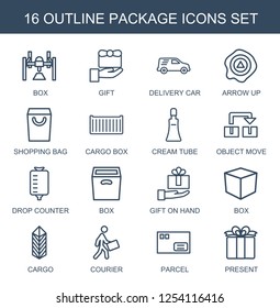 16 package icons. Trendy package icons white background. Included outline icons such as box, gift, delivery car, arrow up, shopping bag, cargo box. package icon for web and mobile. 16 package icons. Trendy package icons white background. Included outline icons such as box, gift, delivery car, arrow up, shopping bag, cargo box. package icon for web and mobile.