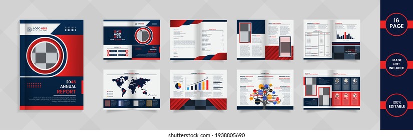 16 Page Annual Report Design With Deep Blue And Red Color Abstract Shapes And Information.	