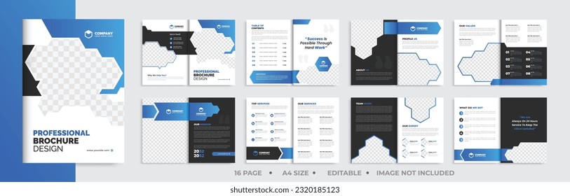 16 page brochure landscape template, corporate business booklet brochure design, modern layout bifold brochure, annual report template,