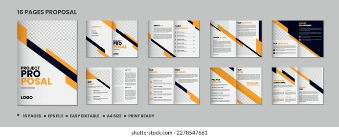 
16 page business brochure and proposal, company profile, annual report, catalog or multipage magazine template design with mockup