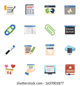 16 page flat icons set isolated on white background. Icons set with terms & conditions, Sheet, Information Architecture, link building, wireframe, Paperclip, Pen, SEO copywriting icons.