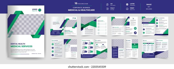 16 Seiten Vorlage für medizinische Broschüren, Jahresbericht im Gesundheitswesen, Geschäftsprofil des Krankenhauses, Layout einer Vektorgrafik in 4 Größen