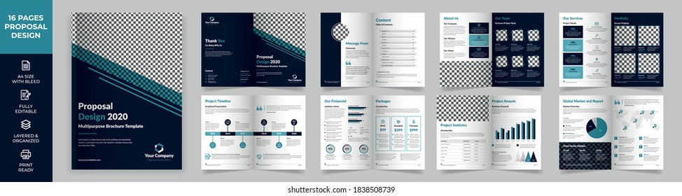 16 page Multipurpose Brochure template, simple style and modern layout, Elements of info graphics for Business Proposal, presentations, Annual report, Company Profile, Corporate report, advertising