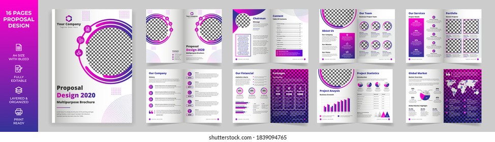 16 page Multipurpose Brochure template, simple style and modern layout, Elements of info graphics for Business Proposal, presentations, Annual report, Company Profile, Corporate report, advertising