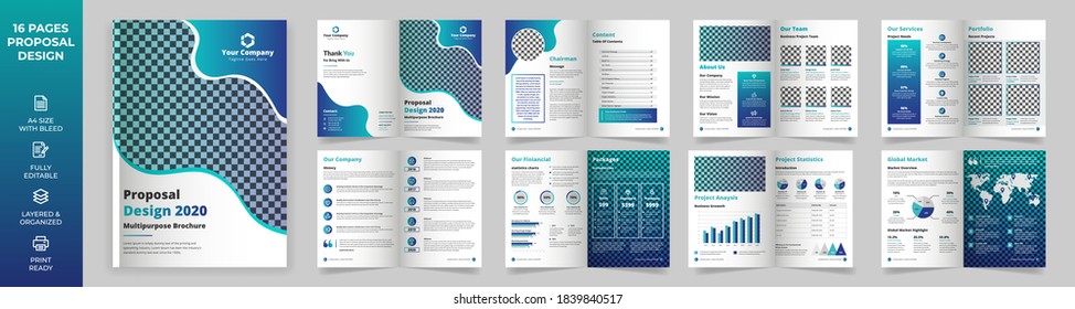 16 page Multipurpose Brochure template, simple style and modern layout, Elements of info graphics for Business Proposal, presentations, Annual report, Company Profile, Corporate report, advertising