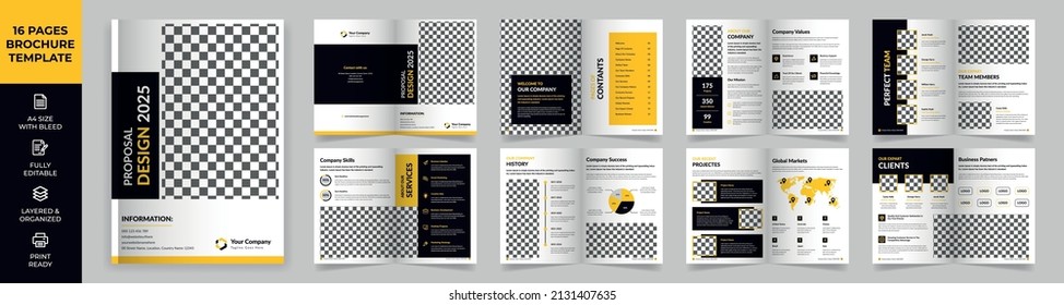 16 page Multipurpose Brochure template, simple style and modern layout, Elements of infographics for Business Proposal, presentations, Annual report, Company Profile, Corporate report, advertising