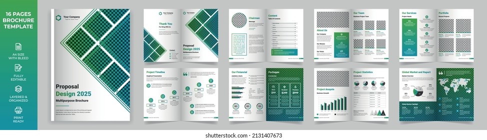 Plantilla de folleto multipropósito de 16 páginas, estilo sencillo y diseño moderno, Elementos de infografía para propuesta de negocio, presentaciones, informe anual, perfil de empresa, informe corporativo, publicidad