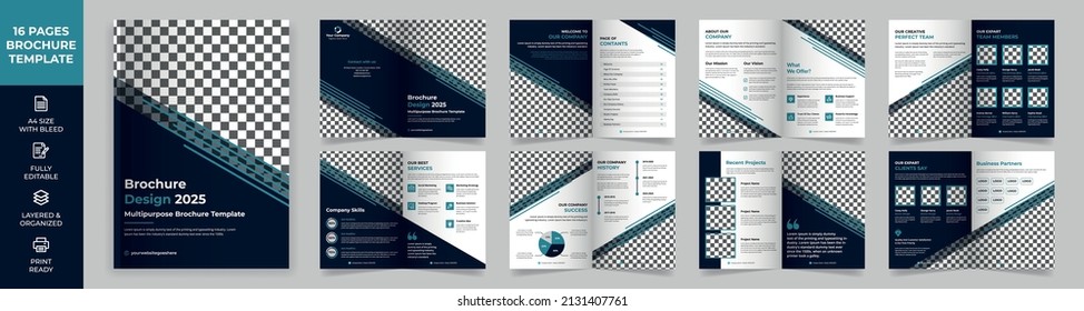 Plantilla de folleto multipropósito de 16 páginas, estilo sencillo y diseño moderno, Elementos de infografía para propuesta de negocio, presentaciones, informe anual, perfil de empresa, informe corporativo, publicidad