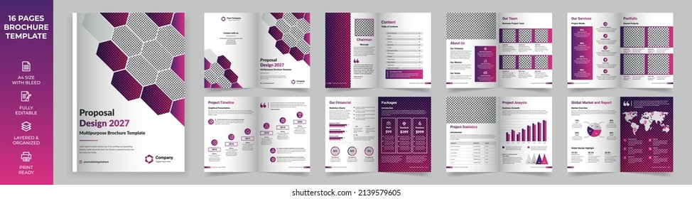16 page Multipurpose Brochure template, simple style and modern layout, Elements of infographics for Business Proposal, presentations, Annual report, Company Profile, Corporate report, advertising