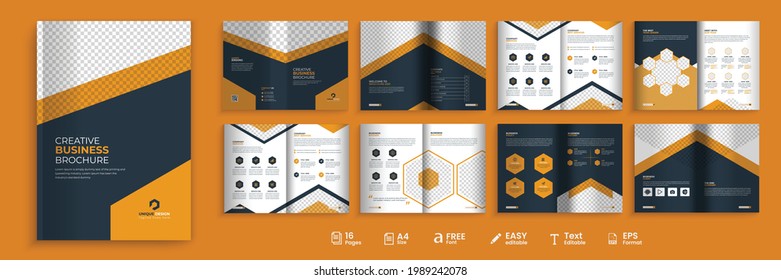 16 pages business profile, modern orange and black combination bi-fold brochure template, fully editable brochure template design.