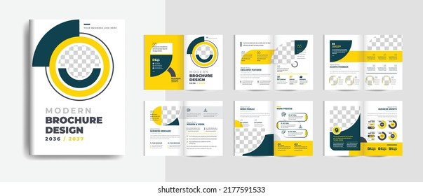 16 Pages yellow color modern Geometric Business Brochure with abstract shape design. Use for marketing,print, annual report and business presentations and Multi Purpose. - Vector