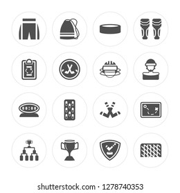 16 Pants, Bag, Cup, Schedule, Strategy, Goal, Timer, Hockey helmet modern icons on round shapes, vector illustration, eps10, trendy icon set.