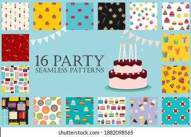 16 Party Seamless Pattern Collection Set Vector Illustration