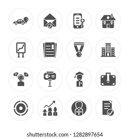 16 Path, Email, Growth, Target, Briefcase, List, Presentation, Translator, Medal modern icons on round shapes, vector illustration, eps10, trendy icon set.
