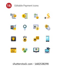 16 payment flat icons set isolated on . Icons set with Expenses, Marketing budget, Taxes, Payment Processor, fintech innovation, rent deposit, Cryptography, Fork, Tokens icons.