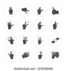 16 Peace, Pointing Rith, Clap Hands, Swipe Up, Frame, Tablet, Wave, Zoom In, Tap Button modern icons on round shapes, vector illustration, eps10, trendy icon set.