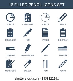 16 pencil icons. Trendy pencil icons white background. Included filled icons such as circle, check list, pen, paper, stapler, highlighter, notebook. pencil icon for web and mobile.