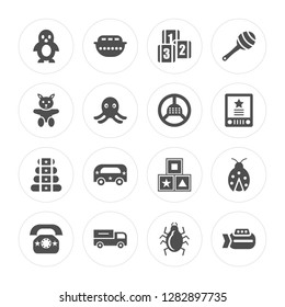 16 Penguin toy, Boat Truck Telephone Ladybug Submarine Doll Pyramid Steering wheel toy modern icons on round shapes, vector illustration, eps10, trendy icon set.