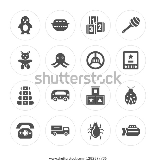 16 Penguin toy,
Boat Truck Telephone Ladybug Submarine Doll Pyramid Steering wheel
toy modern icons on round shapes, vector illustration, eps10,
trendy icon set.
