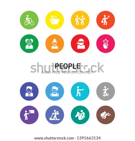 16 people vector icons set included man flying, man horseriding, man in hike, pointing, riding skateboarding, shooting, with beret, manager face, newborn, ninja face, old chinese icons