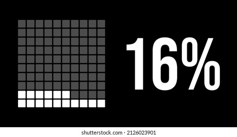 16 percent diagram, sixteen percentage vector infographic. Rounded rectangles forming a square chart. White color on black background.