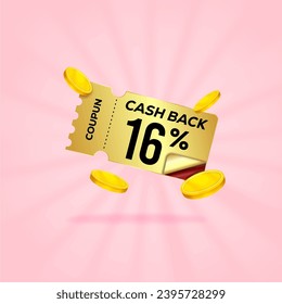 16 percent gift voucher with coupon Cash back. For business promotion sales and Discount online purchases. Tag label, sale banner with golden coin cash back. 