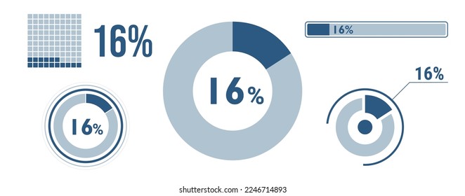 16 percent loading data icon set. Fourteen circle diagram, pie donut chart, progress bar. 16% percentage infographic. Vector concept collection, blue color.