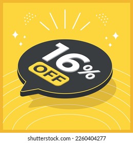 16 percent off. 3D floating balloon with promotion for sales on yellow background