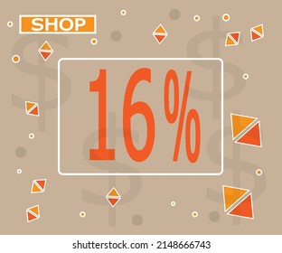 16 percent off. 16% discount banner for store promotion in orange color