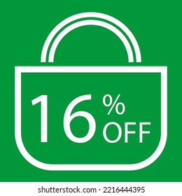 16 percent off. Green banner with shopping bag illustration.
