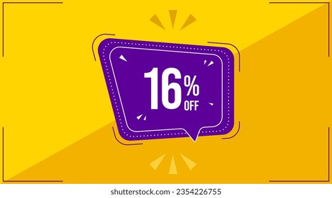 16 percent, sixteen percent. Discount banner shape. Sale coupon purple bubble icon. Special offer badge. Yellow abstract background. Modern concept design. Banner with offer badge. Vector