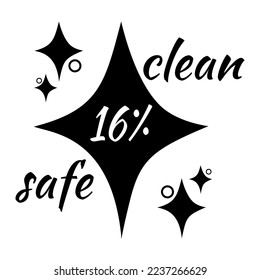 16% percentage clean and safe star icon. Vector art illustration with fantastic looking  font and black color. Isolated on white background. 