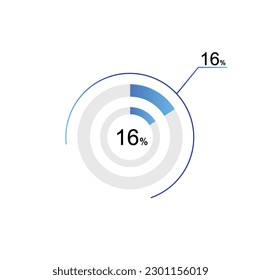 16% percentage infographic circle icons, 16 percents pie chart infographic elements for Illustration, business, web design.