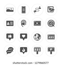 16 Photo, post, Trending, Chat, Ads, Advertising, Profile, Like, Video player modern icons on round shapes, vector illustration, eps10, trendy icon set.