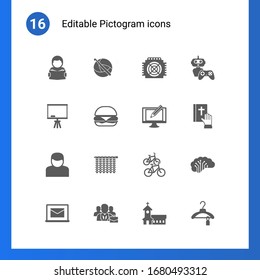 16 pictogram filled icons set isolated on . Icons set with Reading, crochet, ASIC Miner, Board stand, burger, Digital illustration, User, Knitting, bike station, Online library icons.