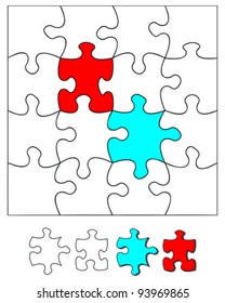 16 piezas en blanco. Cuando se utiliza con un programa vectorial, cada pieza se puede colorear individualmente y se puede mover o eliminar para crear efectos diferentes.
