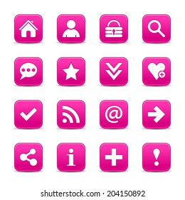 16 pink magenta satin icon with basic sign. Rounded square web internet button with gray shadow on white background. Vector illustration design element 8 eps