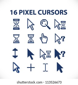 16 pixel cursors icons set, vector