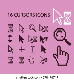 16 pixel cursors icons, signs, illustrations set, vector