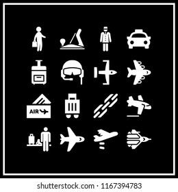 16 plane vector icon set with plane tickets, ultralight, taxi front view and baggages icons for mobile and web